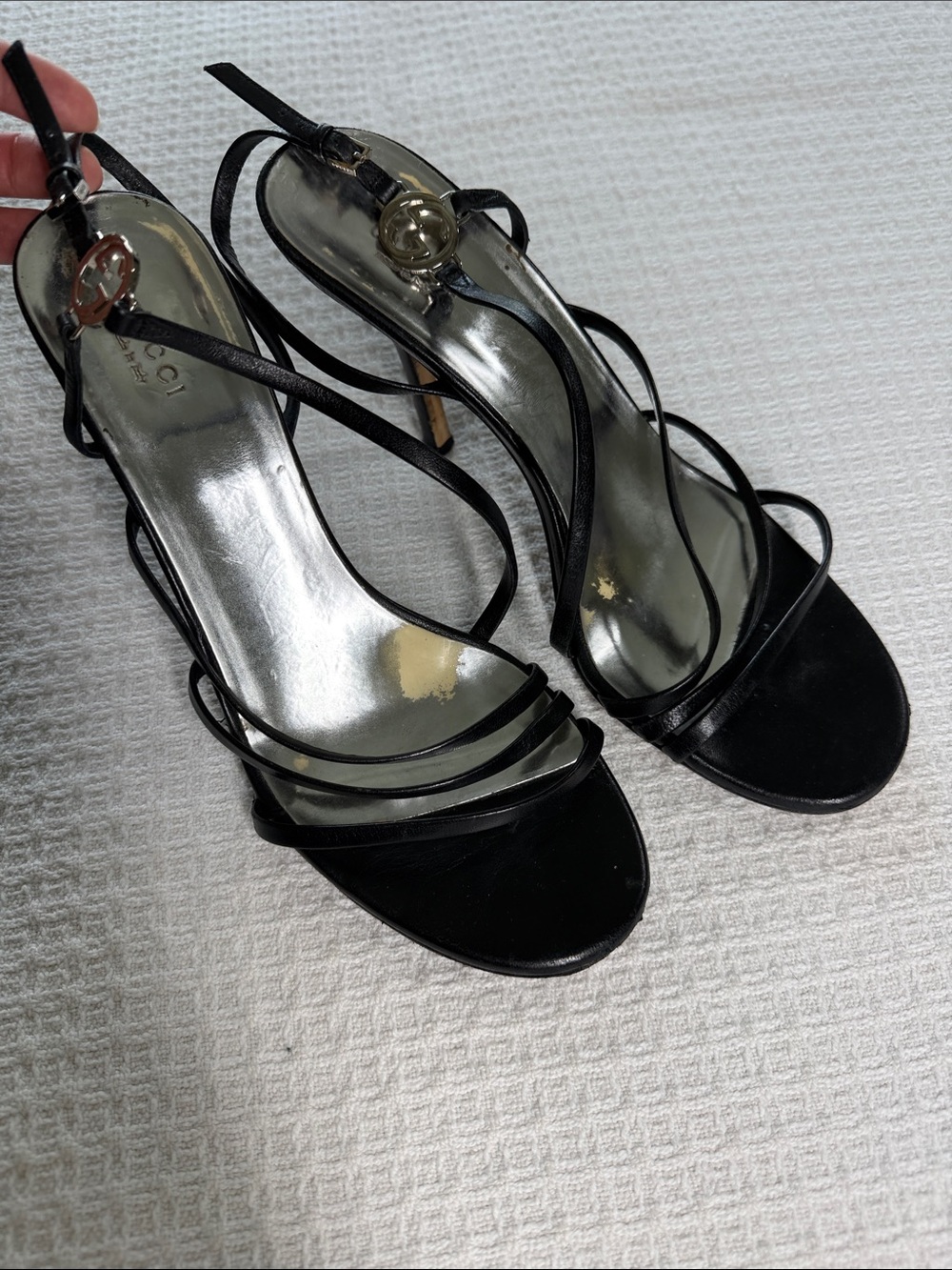 Gucci black strappy 4” heels with logo silver hardware size 37 1/2